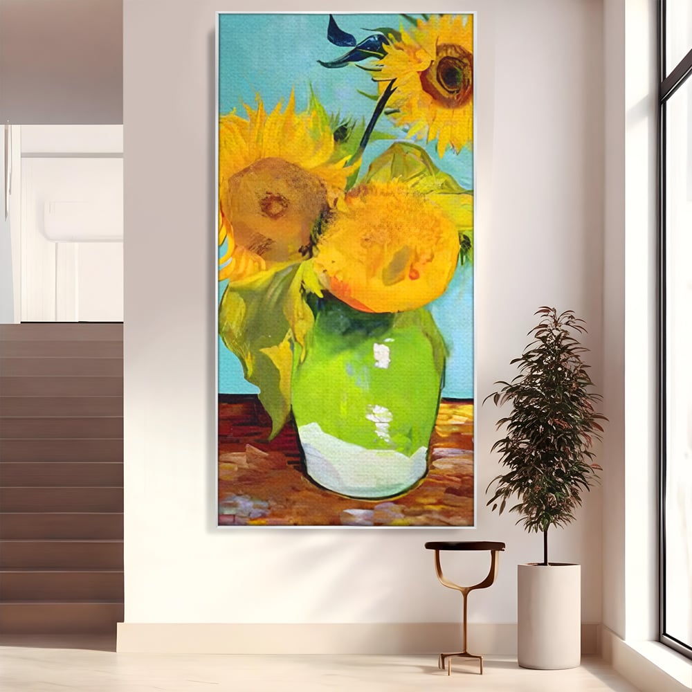 Tablou canvas cu tablou pictura cu floarea soarelui, in rama de aluminiu argintiu